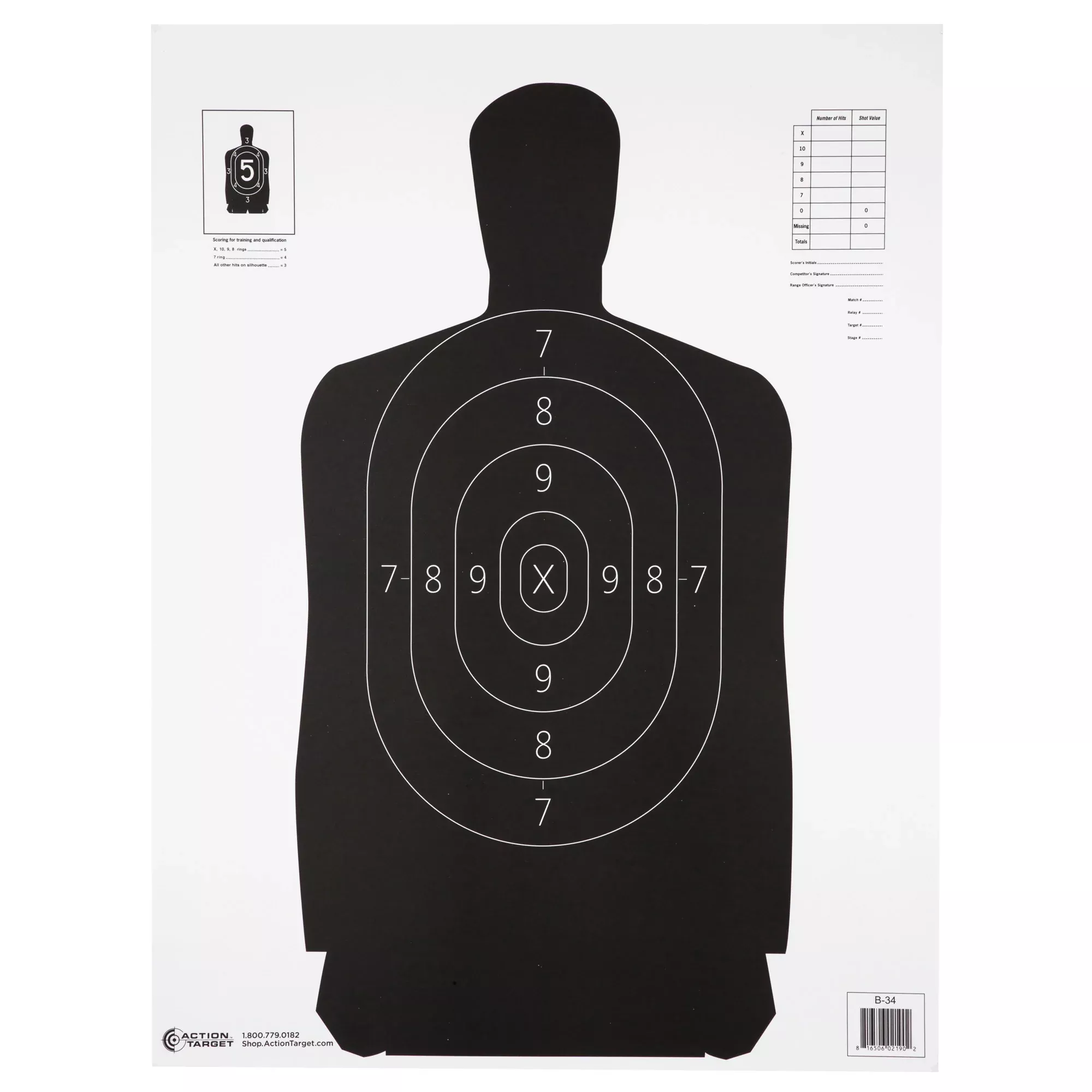 Action Target B-34 Qualification Paper Target, 17.5 x 23 in, 100-Pack, 25‑Yard B‑27 Reduction B-34-100