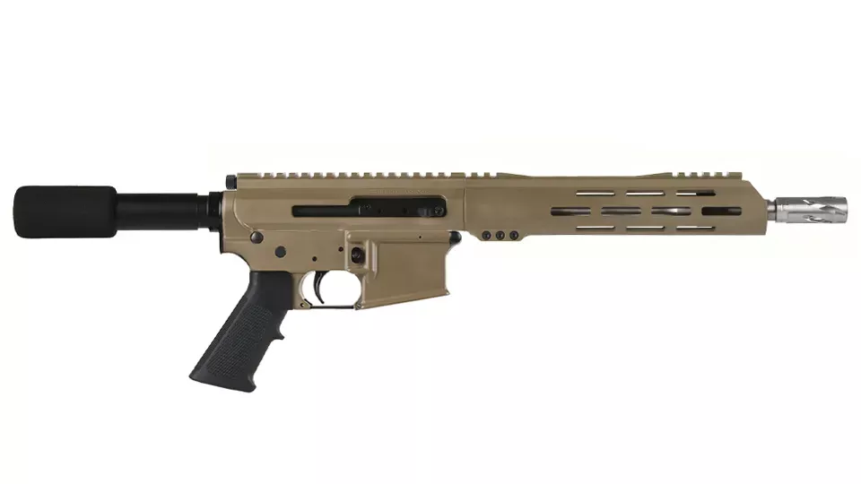 BC-15 | .223 WyldeFlat Dark Earth Cerakote Side Charging Pistol | 10.5" Stainless Contour- 0.75 | 1:7 Twist | Forged Lower | Stainless 416RCarbine Length Gas System | MLOK Split Rail