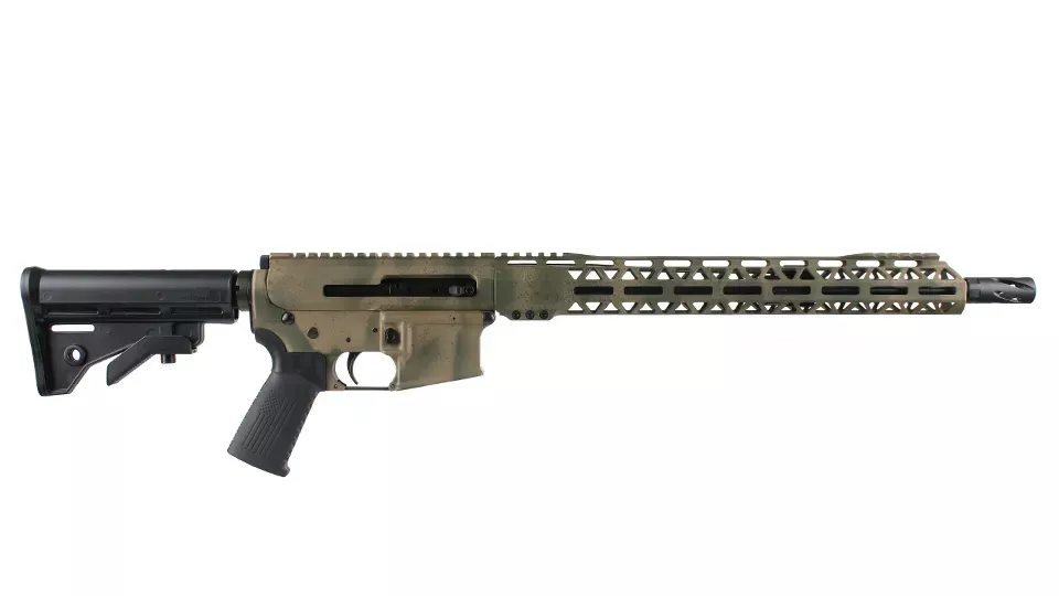BC-15 | 5.56 NATO Right Side Charging BCA Camo Cerakote Rifle | 16" Black Nitride M4 Barrel | 1:7 Twist | Mid-Length Gas System | 15" MLOK Split Rail| No Magazine