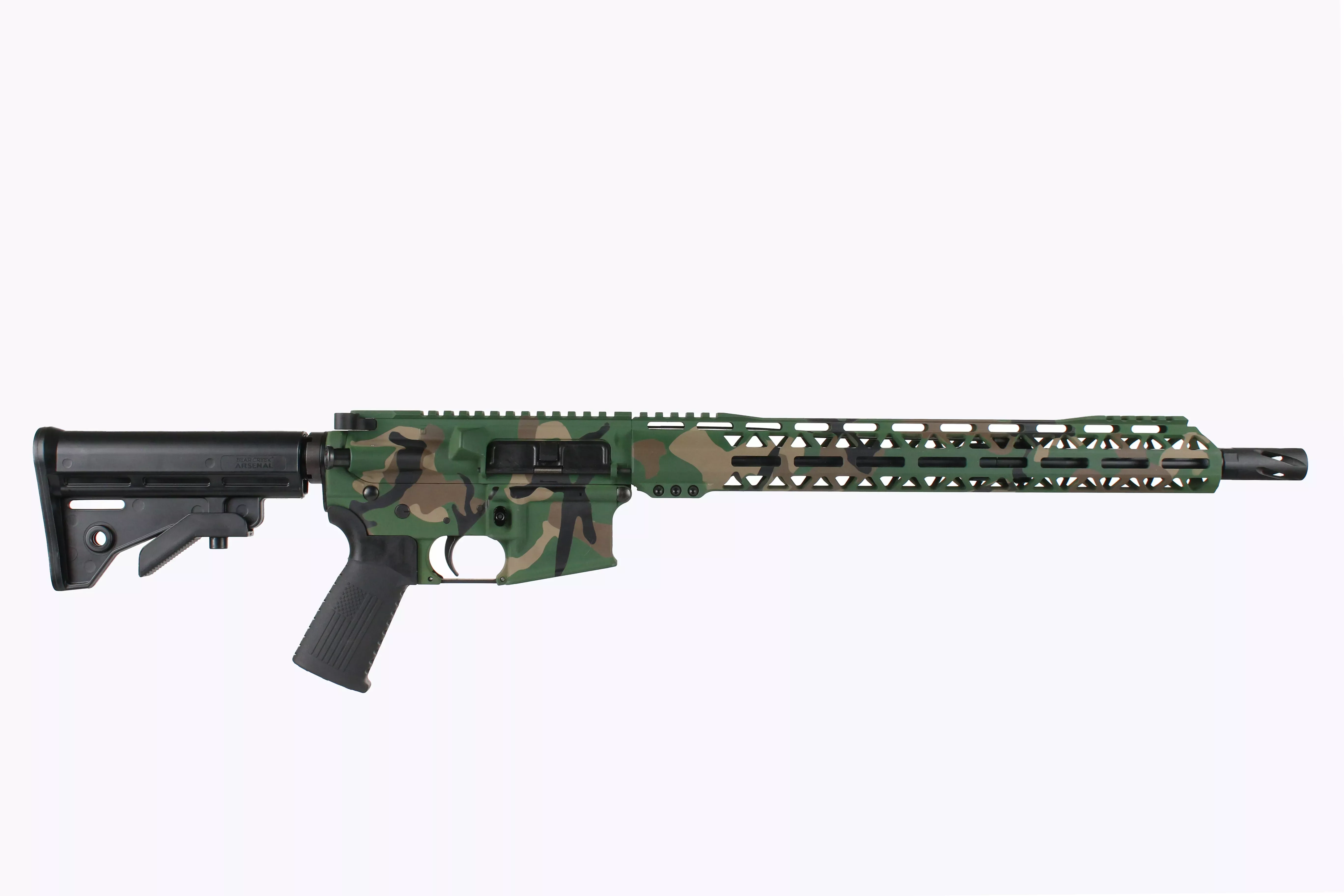 BC-15 | 5.56 NATO Woodland Camo Cerakote Rifle | 16" Black Nitride M4 Barrel | 1:7 Twist | Mid-Length Gas System | Talon 15" MLOK Split Rail | No Magazine