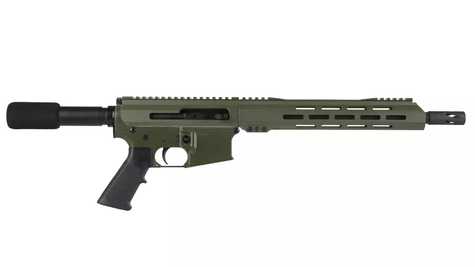 BC-15 | 5.56 NATOOlive Drab Green Cerakote Side Charging Pistol | 12.5" Parkerized SOCOM Barrel | 1:7 Twist | Forged Lower | 4150Mid Length Length Gas System | MLOK Split Rail