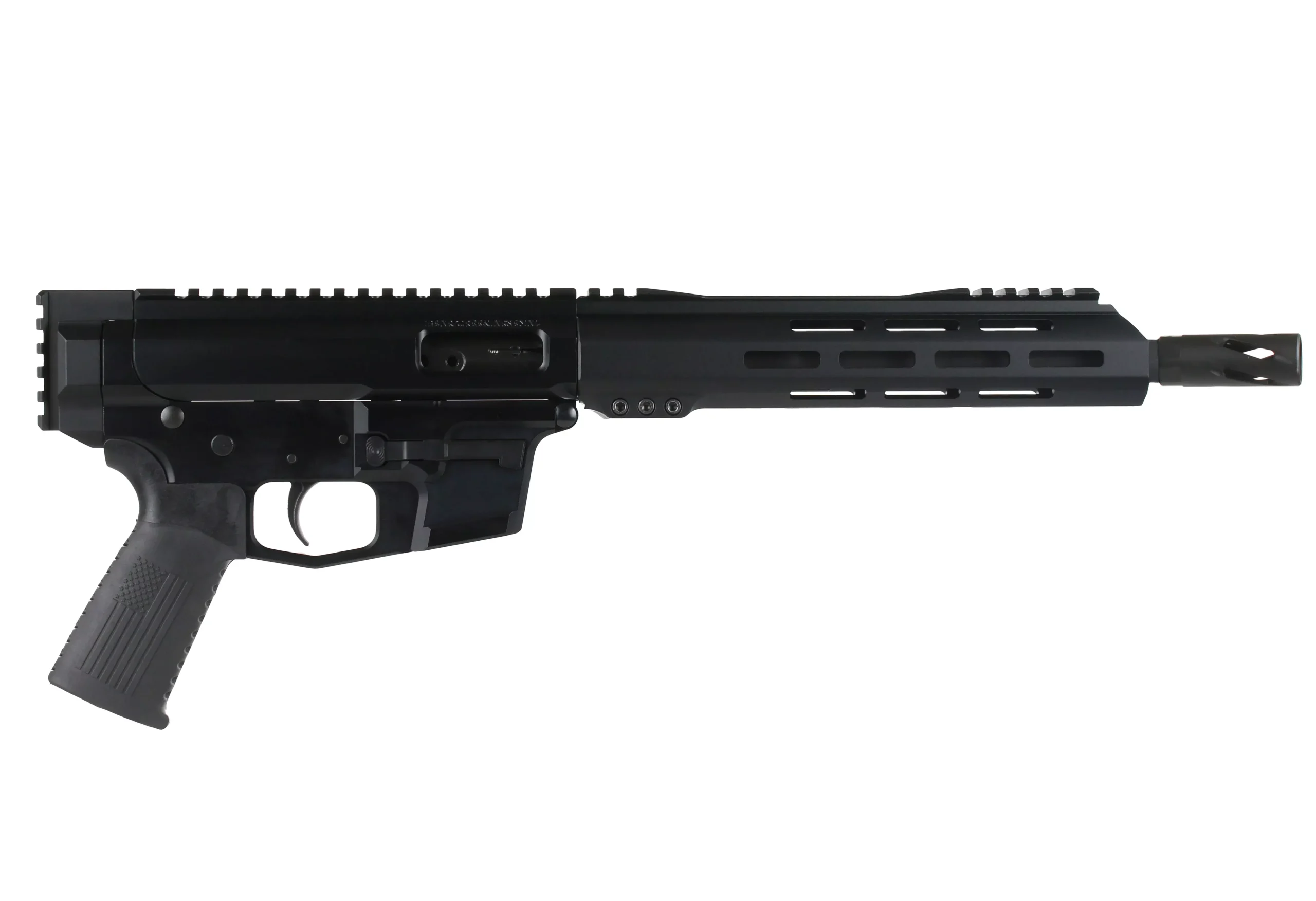 BC-9 | 9MM Billet Left Side Charging Right Ejecting Bufferless Pistol | 10.5" Parkerized M4 Barrel | 1:10 Twist | Blow Back Gas System | Talon 10" MLOK Split Rail | No Magazine