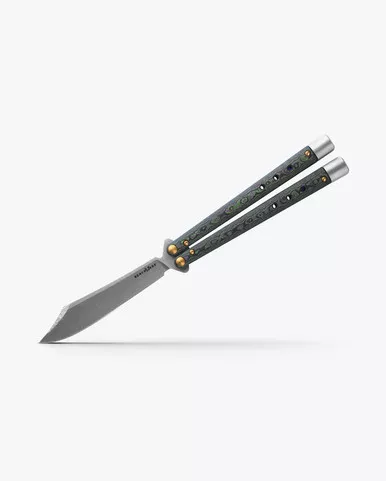 Benchmade 99-242 Gold Class Necron Latchless Balisong Butterfly Knife - 4.59" Monarch Damasteel Scimitar Blade, Jungle Wear FatCarbon Handles, User-Adjustable, Alligator Leather Sheath