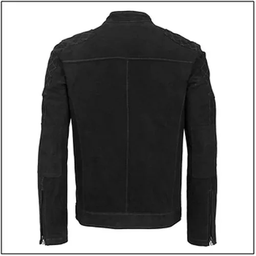 Black Rivet Open Bottom Leather Jacket with Shoulder Diamond Topstitching
