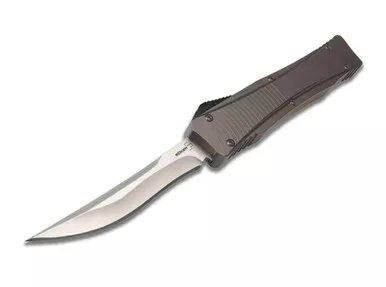 Boker Plus Eagle Mini OTF 2.0 AUTO Knife - 2.80" D2 Satin Drop Point Blade with Recurve, Dark Gray Titanium Handles - 06EX246