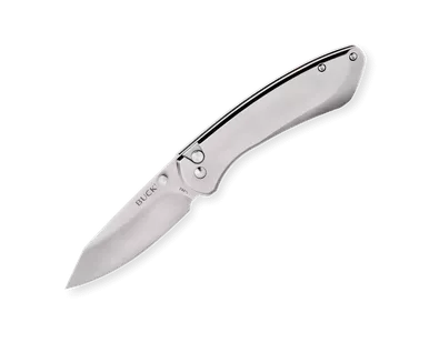 Buck 744 Sovereign Button Lock Folding Knife - 3.225" Stonewashed Modified Clip Point Blade, Stainless Steel Handles - 13814