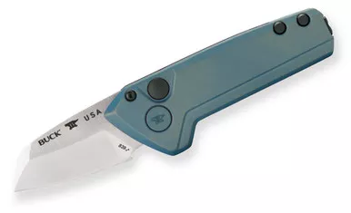 Buck 839 Mini Deploy AUTO Folding Knife - 1.75" 154CM Stonewashed Wharncliffe Blade, Blue Aluminum Handles - 13602
