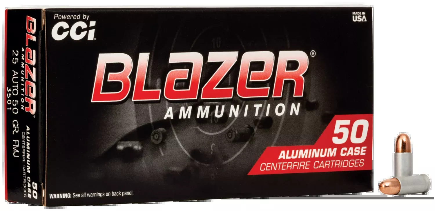 CCI Blazer Aluminum .25 ACP (Automatic Colt Pistol) 50gr Total Metal Jacket Ammo, 50-Round Box 3501