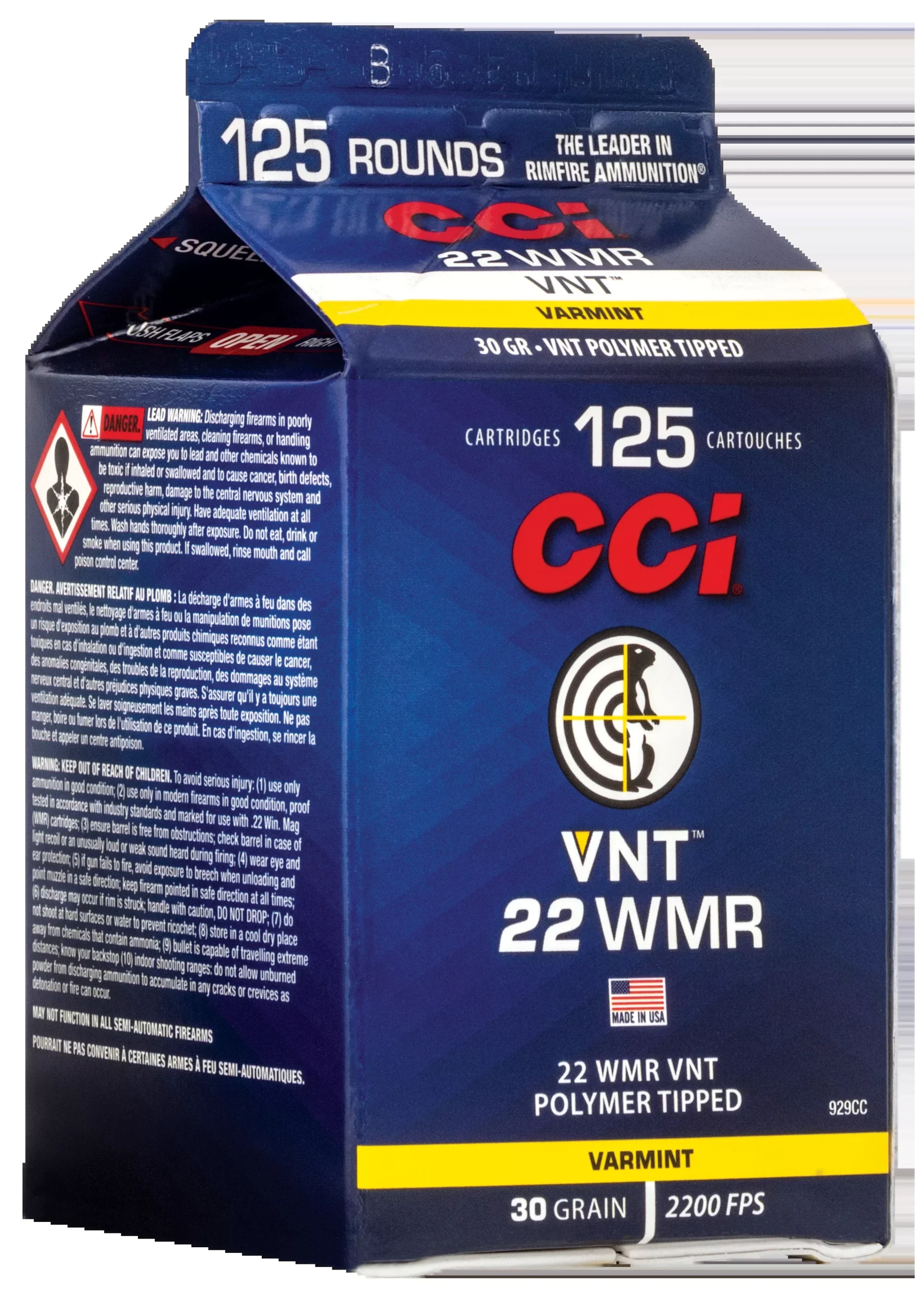 CCI VNT .22 WMR Rimfire Ammo 30gr Varmint Tipped Polymer Tip, 125/Box (10/Case) 929CC