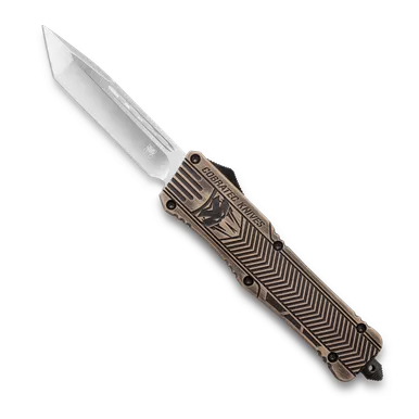 CobraTec Knives CTK-1 Large OTF AUTO Knife - 3.75" D2 Steel Tanto Blade, Desert Sand Distressed Aluminum Alloy Handles