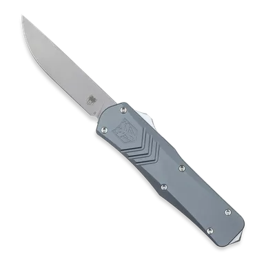 CobraTec Knives Medium FS-X Gen II AUTO OTF - 3" D2 Stonwashed Steel Drop Point Blade, Gray Aluminum Handles