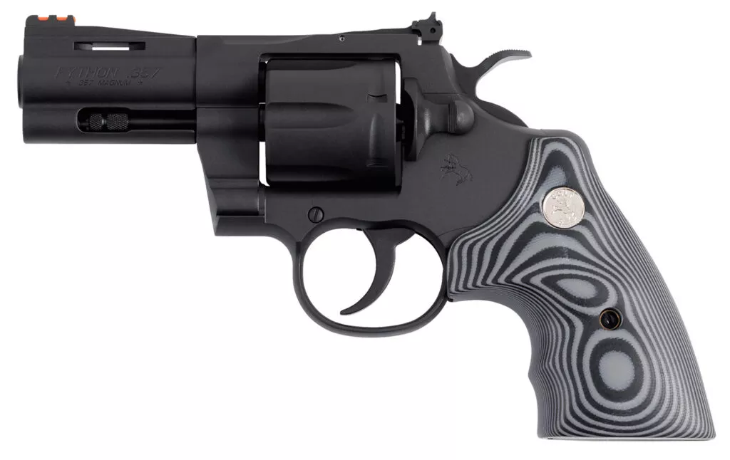 Colt Mfg PYTHONBM3FO Python357 Mag/38 Special 6 Shot 3″ Matte Blued Vent Rib Carbon Steel Barrel, Cylinder & Frame, Black/Gray G10 Grip, Exposed Hammer