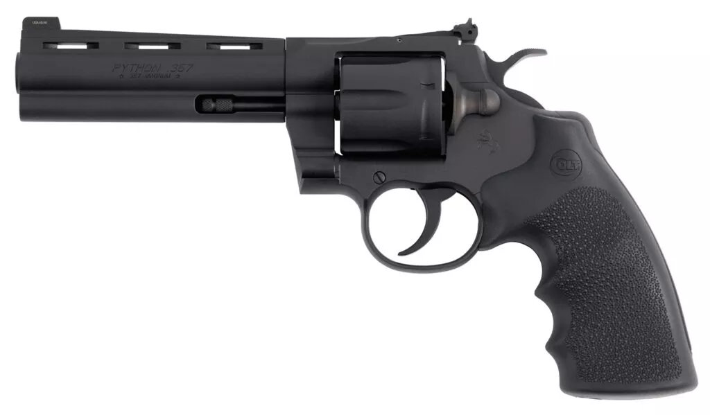 Colt Mfg PYTHONBM5RNS Python357 Mag/38 Special 6 Shot 5″ Matte Blued Vent Rib Carbon Steel Barrel, Cylinder & Frame, Black Rubber Grip, Exposed Hammer