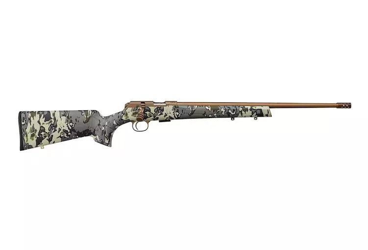 CZ 457 American Hunter Bolt Action Rifle 22 Long Rifle 20″ Bronze PVD Threaded Barrel Bronze PVD Frame Veil Big Sky Field Stock