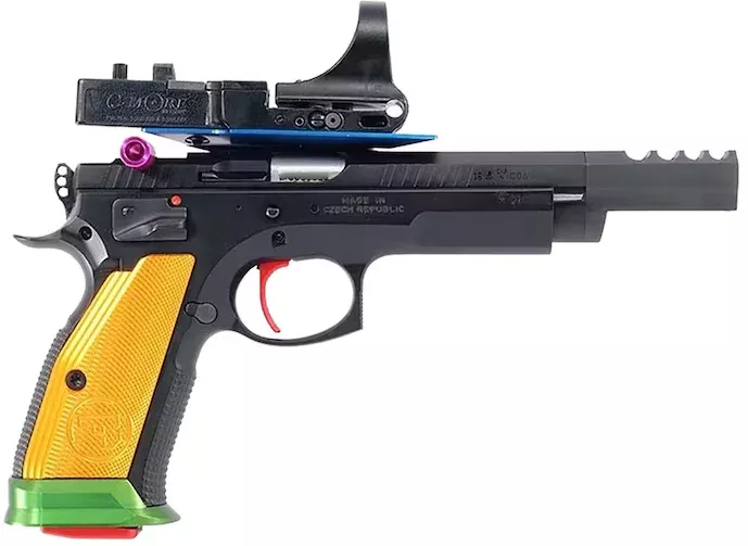 CZ-USA Czechmate Parrot 9mm Luger Pistol 5.23″ Threaded Barrel 26+1 Round Black Slide Yellow Grip Black Frame
