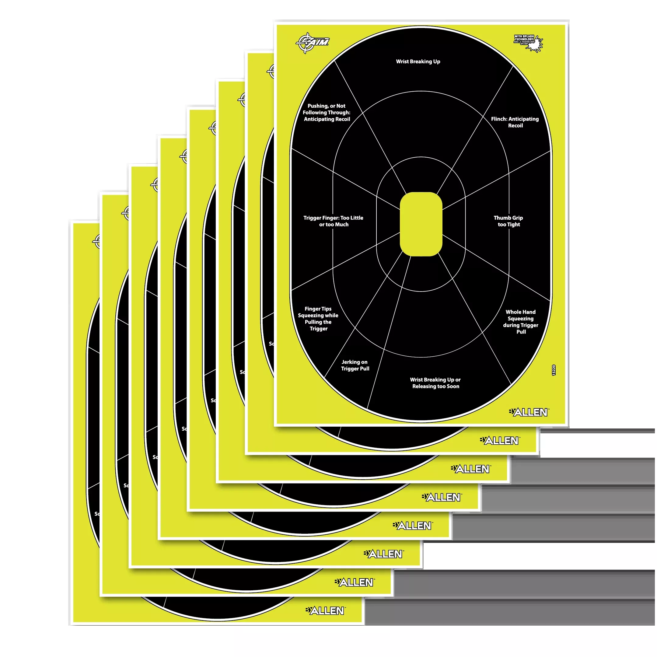 EZ-Aim Splash Reactive Handgun Trainer Paper Targets, 12x18 in, 8-Pack, Oval Black/Yellow – 15220