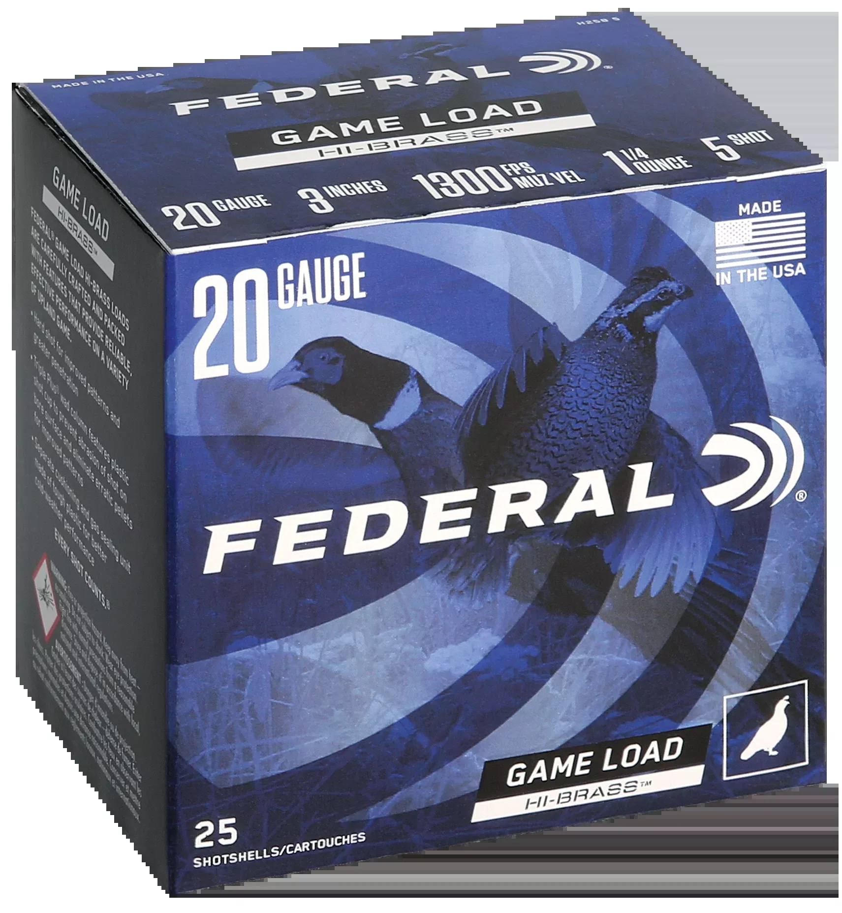 Federal Game-Shok Hi-Brass 20 Gauge 3in #5 Lead Shot 1-1/4 oz 1300 fps 25rd Box H2585