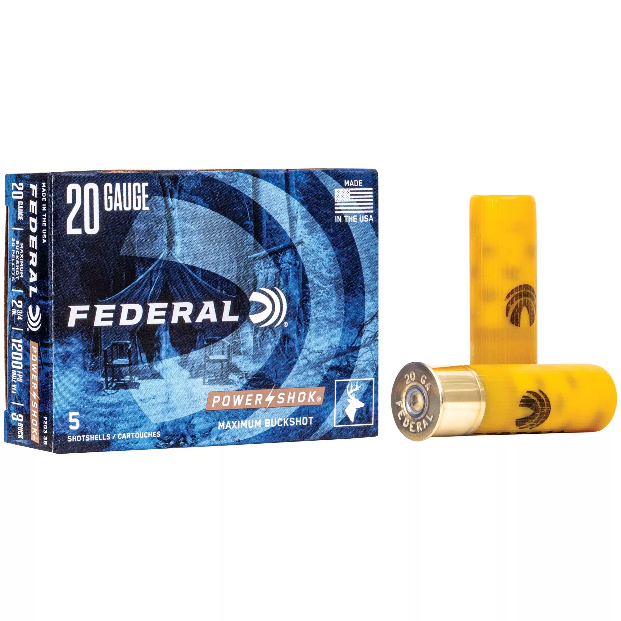 Federal Power-Shok 20 Gauge 2-3/4in #3 Buckshot 5-Round Shotshell Ammo 1200 fps F2033B