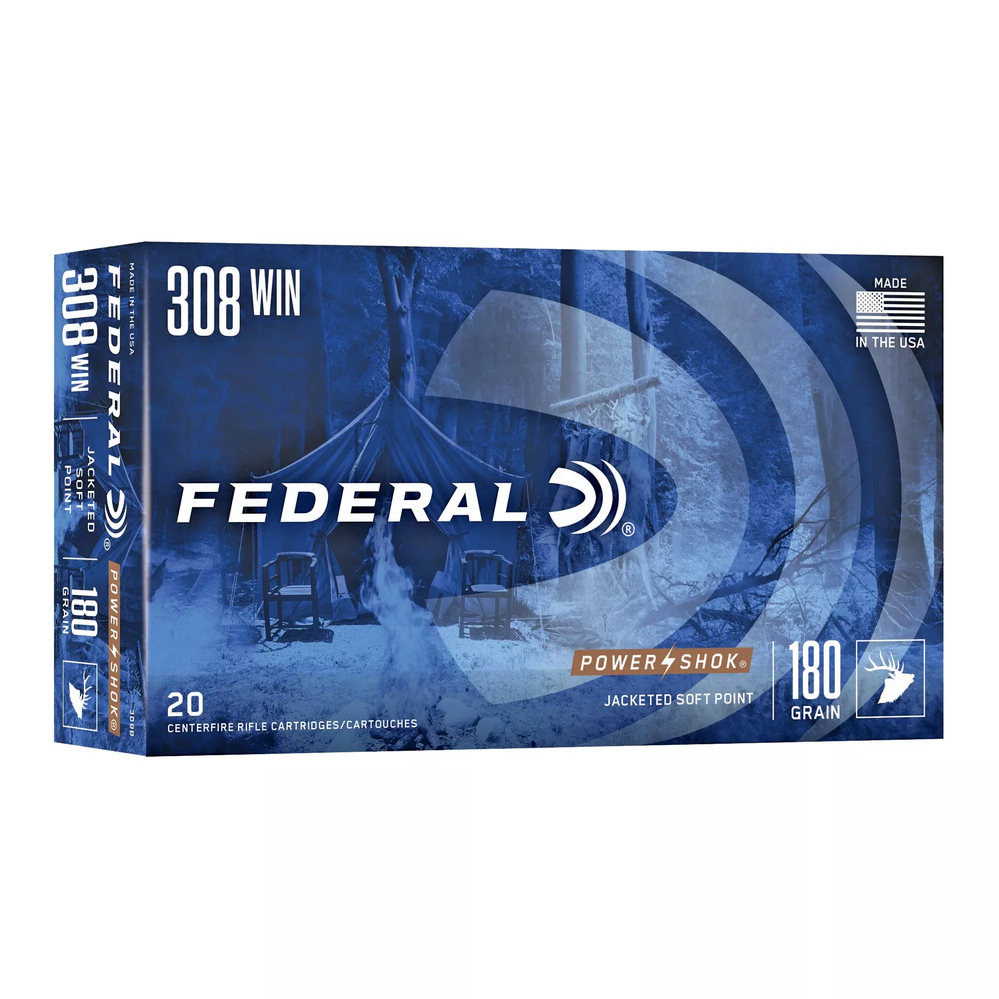 Federal Power-Shok .308 Winchester 180 Grain Jacketed Soft Point Rifle Ammo, 20 Rounds 308B