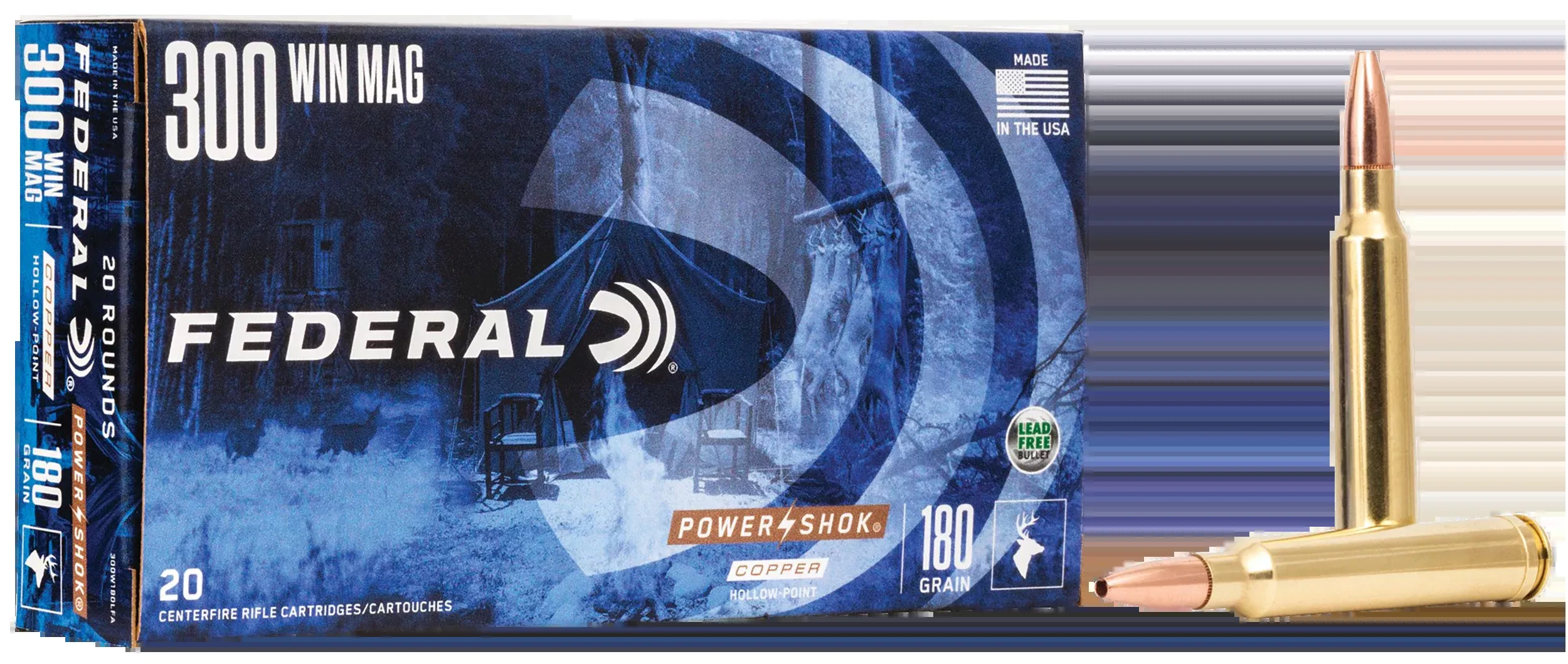 Federal Power-Shok Copper .300 Win Mag 180gr Copper HP Rifle Ammo, 20-Round Box 300W180LFA