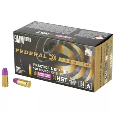 Federal Premium Practice & Defend 9MM 124Gr 100 Round Combo Pack -50 rounds of HST, 50 Rounds of Syntech