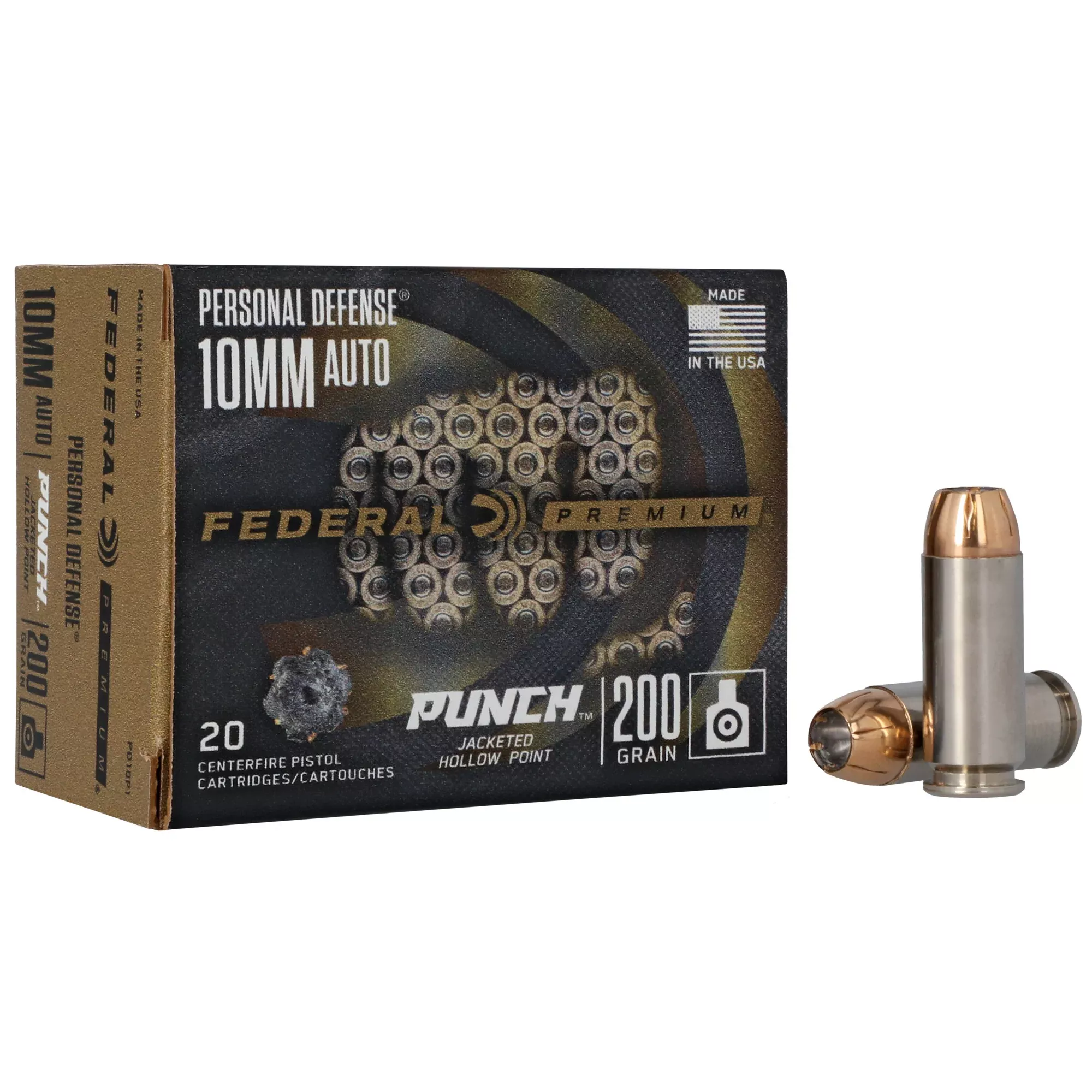 Federal Punch Personal Defense 10mm Auto 200gr Jacketed Hollow Point Ammo, 20rd Box PD10P1
