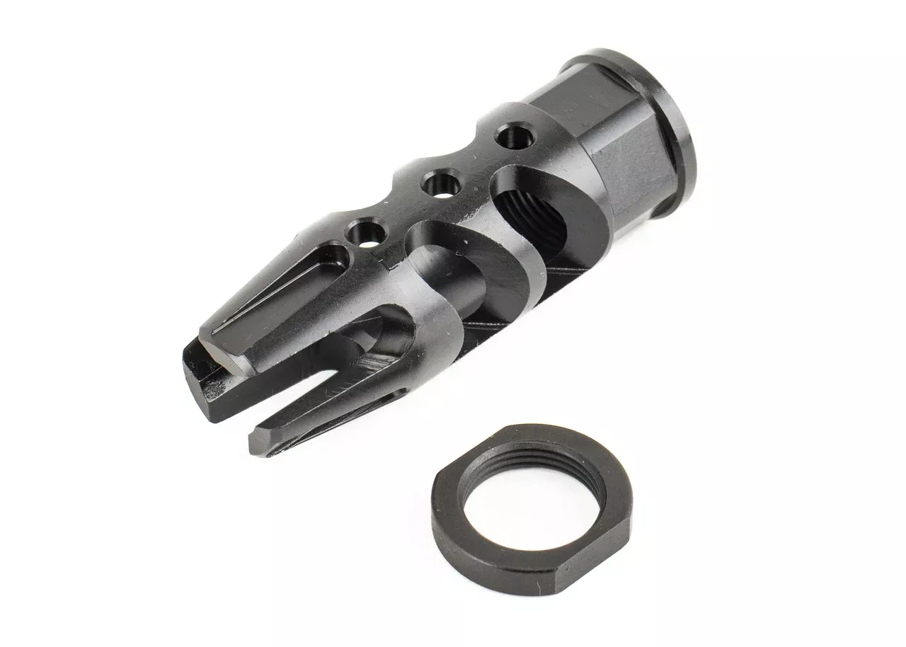 FOSTECH 30 CAL. STRAKE BRAKE FOR AR-15 IN BLACK NITRIDE. MUZZLE DEVICE DESIGNED TO MITIGATE RECOIL AND MUZZLE RISE.