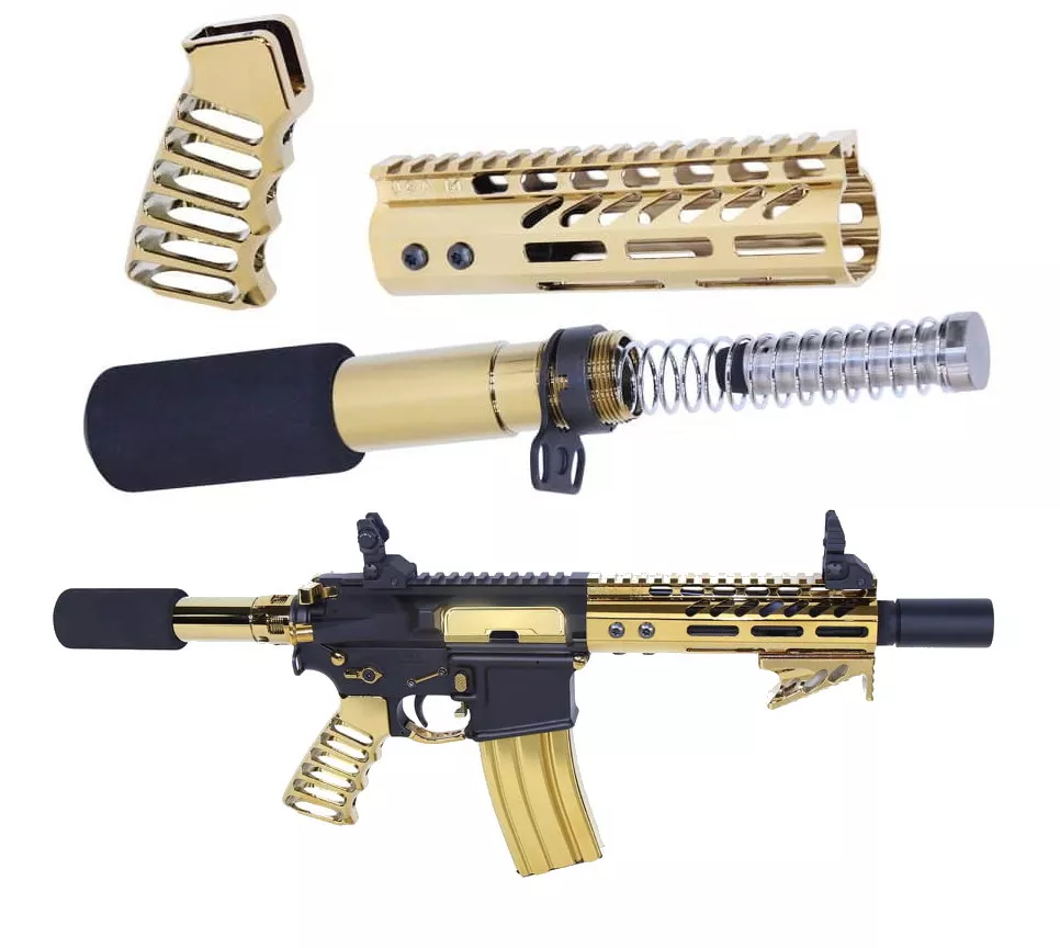 Guntec USA GOLD PLATED AR15 Pistol Kit HIGH POLISH Light M-LOK Pistol Furniture Set