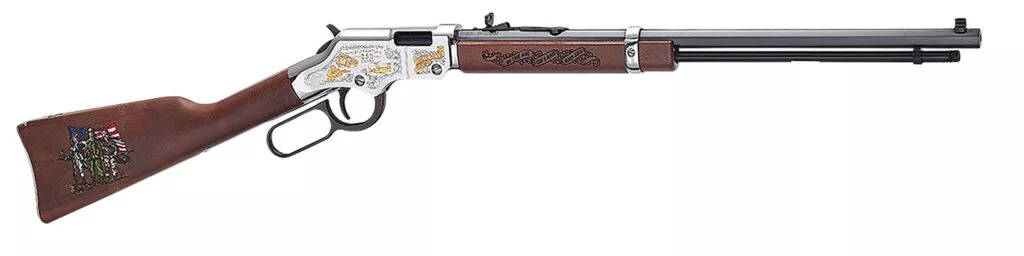 HENRYSPIRIT OF THE CORPS 250TH ANN. 2ND ED .22 S/L/LR 16IN OCT. BARREL 16LR/21S 24K GOLD HIGHLIGHTS POLISHED NICKEL-PLATED BRASS RECEIVER H004MC2