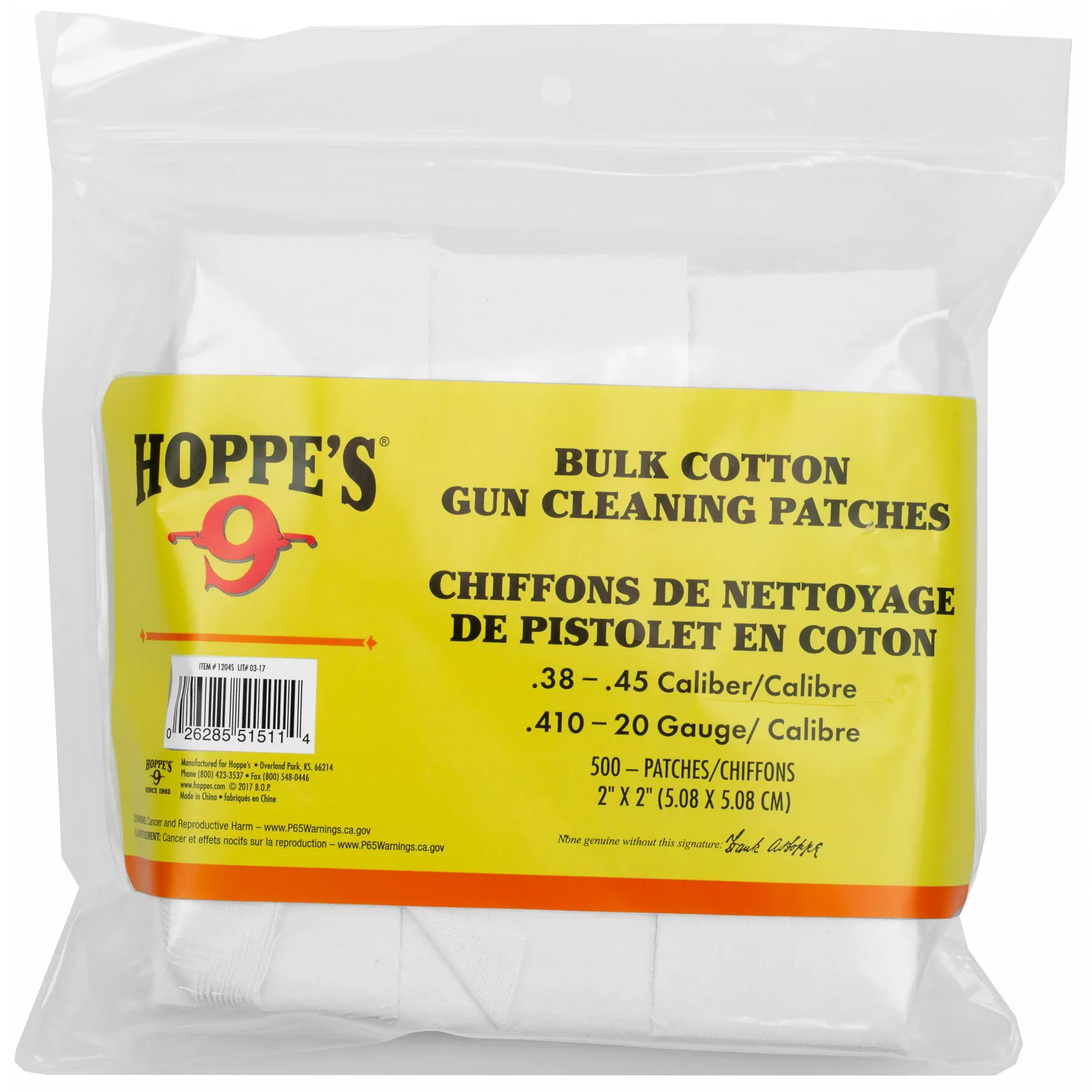 Hoppe's Gun Cleaning Patches for .38–.45 Cal & .410–20 Gauge, Ultra-Absorbent, 500 Pack 1204S