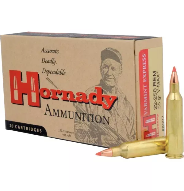 Hornady Varmint Express .22-250 Remington Ammunition 20 Rounds 55 Grain V-Max Polymer Tip Projectile 3680fps