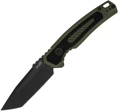 Kershaw 7105OLBLK Launch 16 AUTO Folding Knife - 3.45" CPM-M4 Black Cerakote Tanto Plain Blade, Olive Aluminum Handles with Trac-Tec Inlays, Reversible Clip