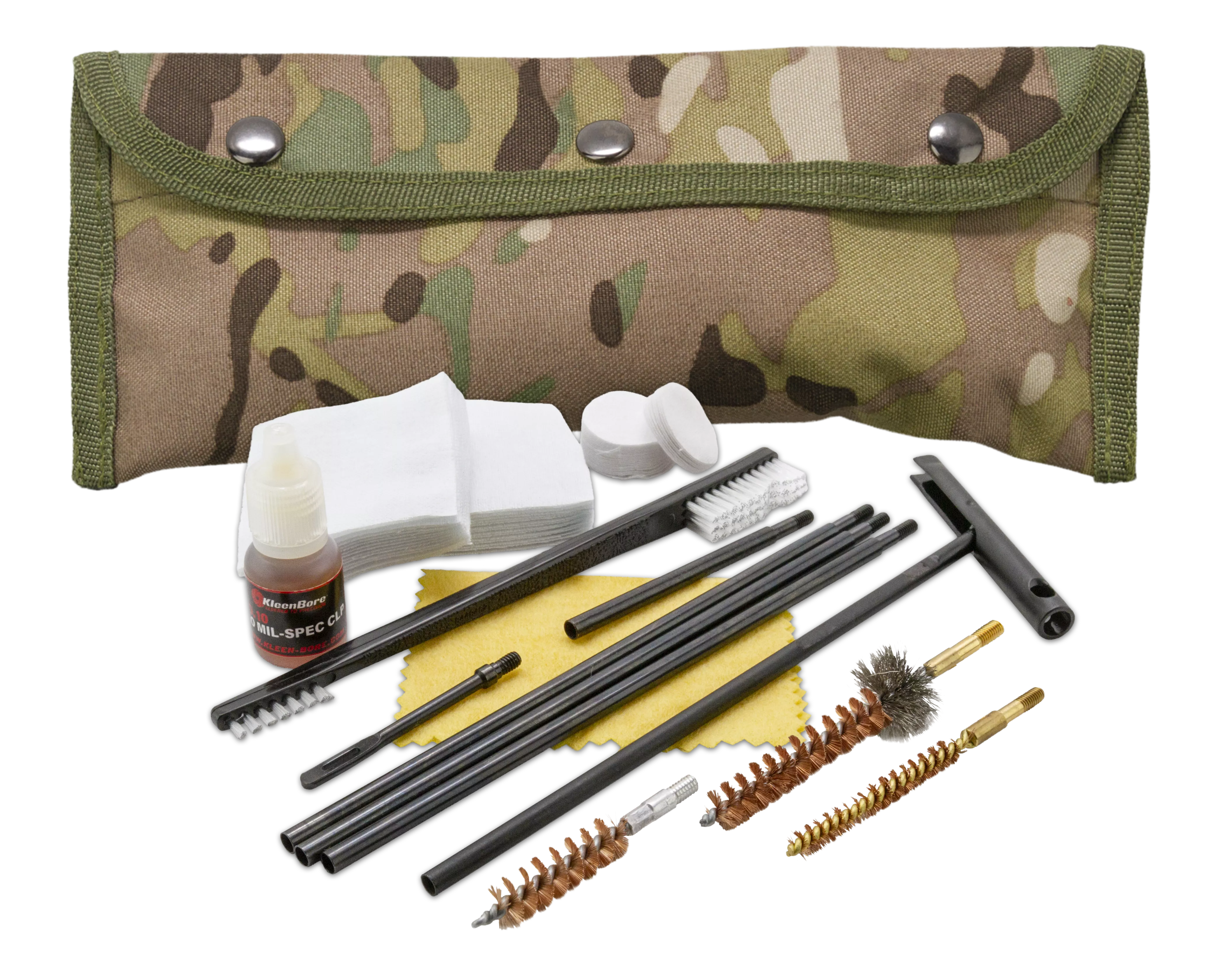 KleenBore POU303MC Modular Cleaning Kit Multi-Caliber Handgun/Rifle Bronze/Nylon Bristles Nylon Multi-Cam Case