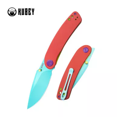 Kubey Knives Momentum Front Flipper Knife - 3.43" AUS-10 Green Coated Drop Point Blade, Red G10 Handles, Liner Lock - KU344L