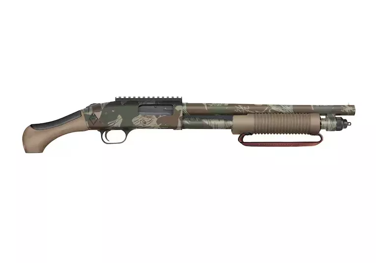 Mossberg 590 AfterShock Pump 12 Gauge Shotgun 14.38″ Rhodesian Brushstroke Camo Barrel Flat Dark Earth Bird’s Head Stock