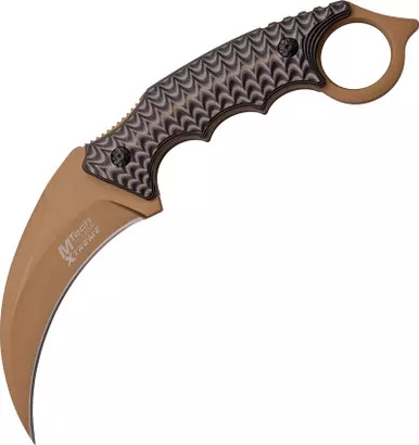 MTech USA Xtreme Tactical Karambit Fixed Blade Knife - 4.0" Stainless Steel Tan Blade, Black/Brown G10 Handles, Nylon Sheath - MX-8140BN