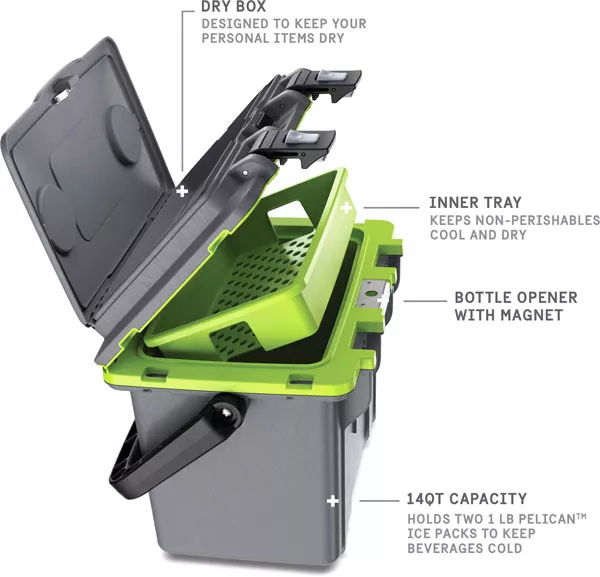 PELICAN COOLERS IM 14 QUART - DKGRAY/GREEN W/DRY STORAGE