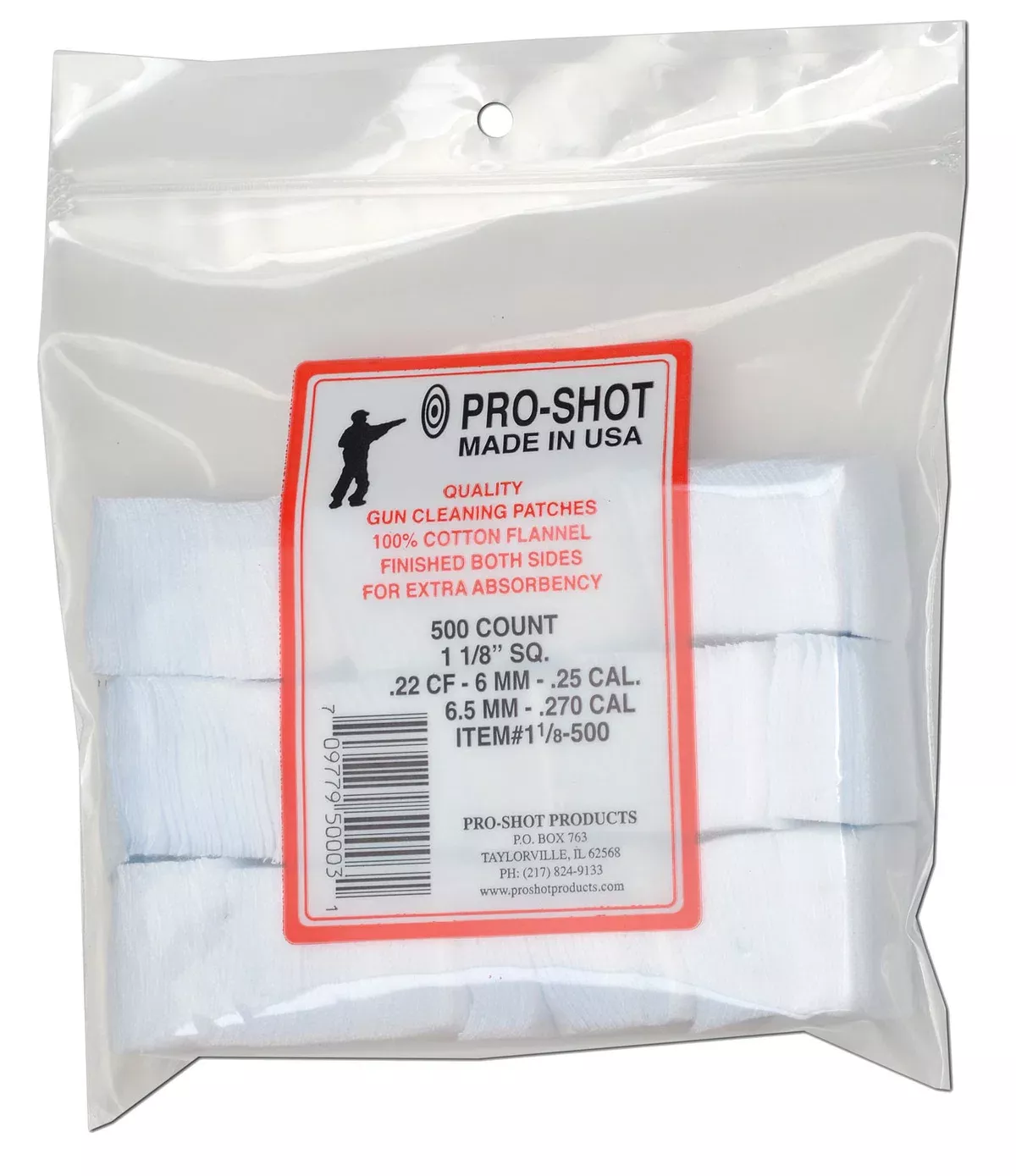 Pro-Shot 118500 Cleaning Patches.22/ .270 Cal 1.125" Square Cotton Flannel 500 Pack