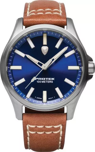 ProTek PT3003 Titanium Field Watch - 40mm Case, Blue Sunburst Dial, Brown Leather Strap
