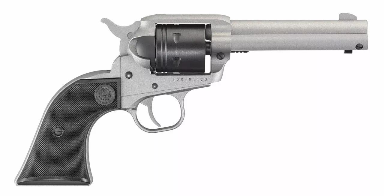 Ruger 2003 Wrangler22 LR 6 Round 4.62 Silver Cerakote Silver Cerkoate Aluminum Black Checkered Polymer