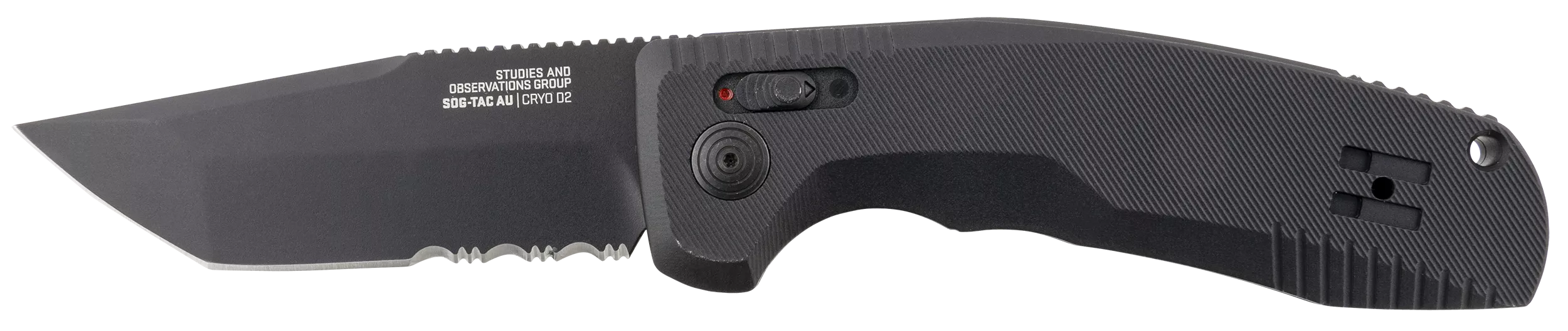 S.O.G SOG15380457 SOG-TAC Auto 3.43" Folding Tanto Part Serrated Black TiNi Cryo D2 Steel Blade Black Micro-Textured Anodized Aluminum Handle Includes Pocket Clip