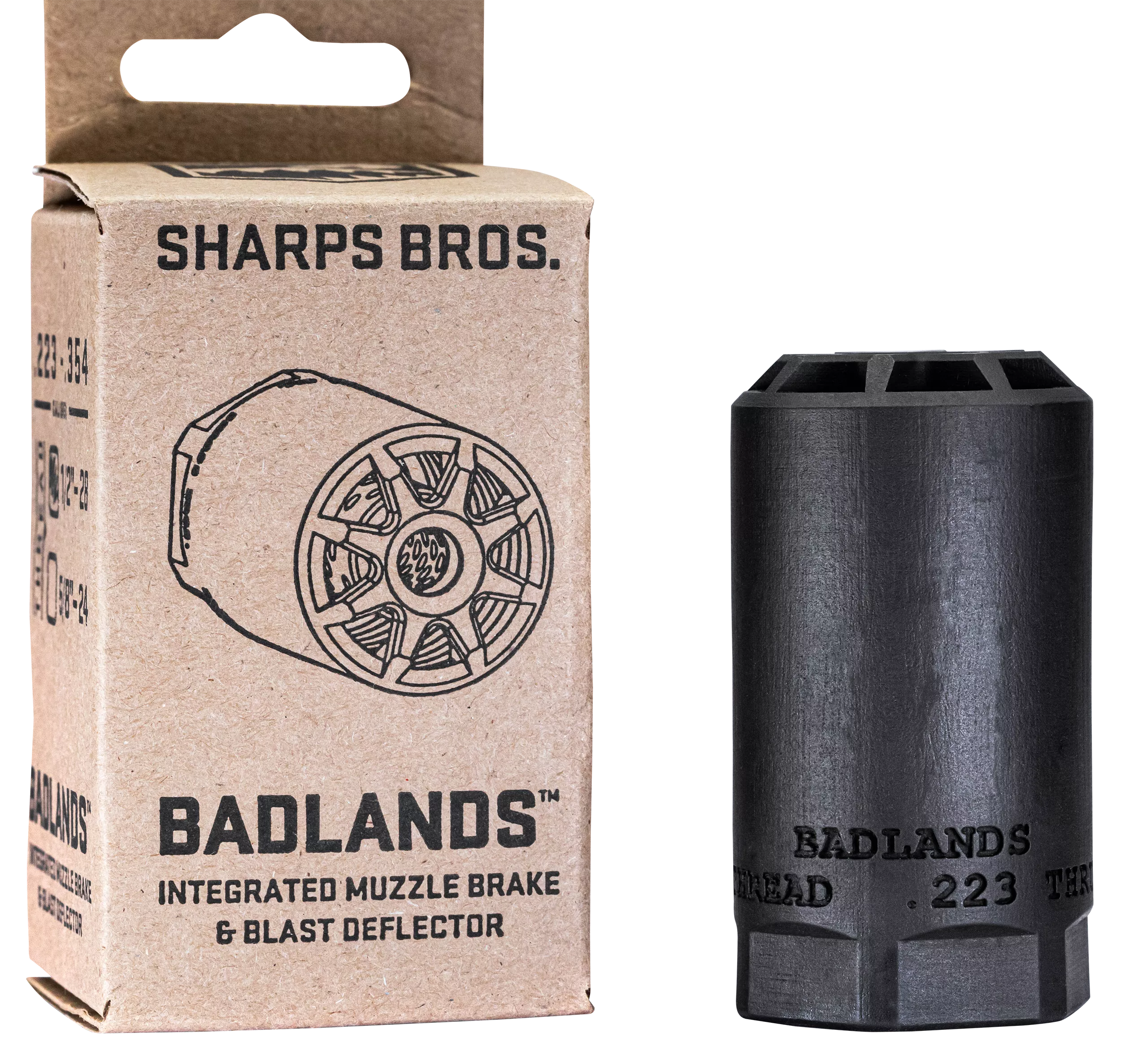 Sharps Bros BAD02 BadlandsMuzzle Brake/Blast Deflector, Heat Treated 17-4 Stainless Steel w/Nitride Finish, 5/8"-24 tpi Threads 2.75"L 1.50"D for Multi-Caliber (.223-.354) Full-Auto Rated
