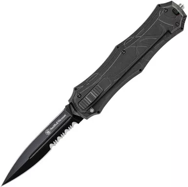 Smith & Wesson Knives SWOTF9BS M&P OTF Knife - 3.50" Dagger Black Oxide Partially Serrated Blade, Black Sculpted Aluminum Handle