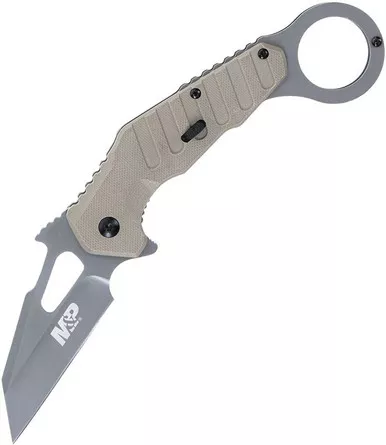 Smith & Wesson M&P Extreme Ops Karambit Flipper Knife - 3" Gray Wharncliffe Blade, Tan G10 Handles with Pinky Ring, Liner Lock - 1147102