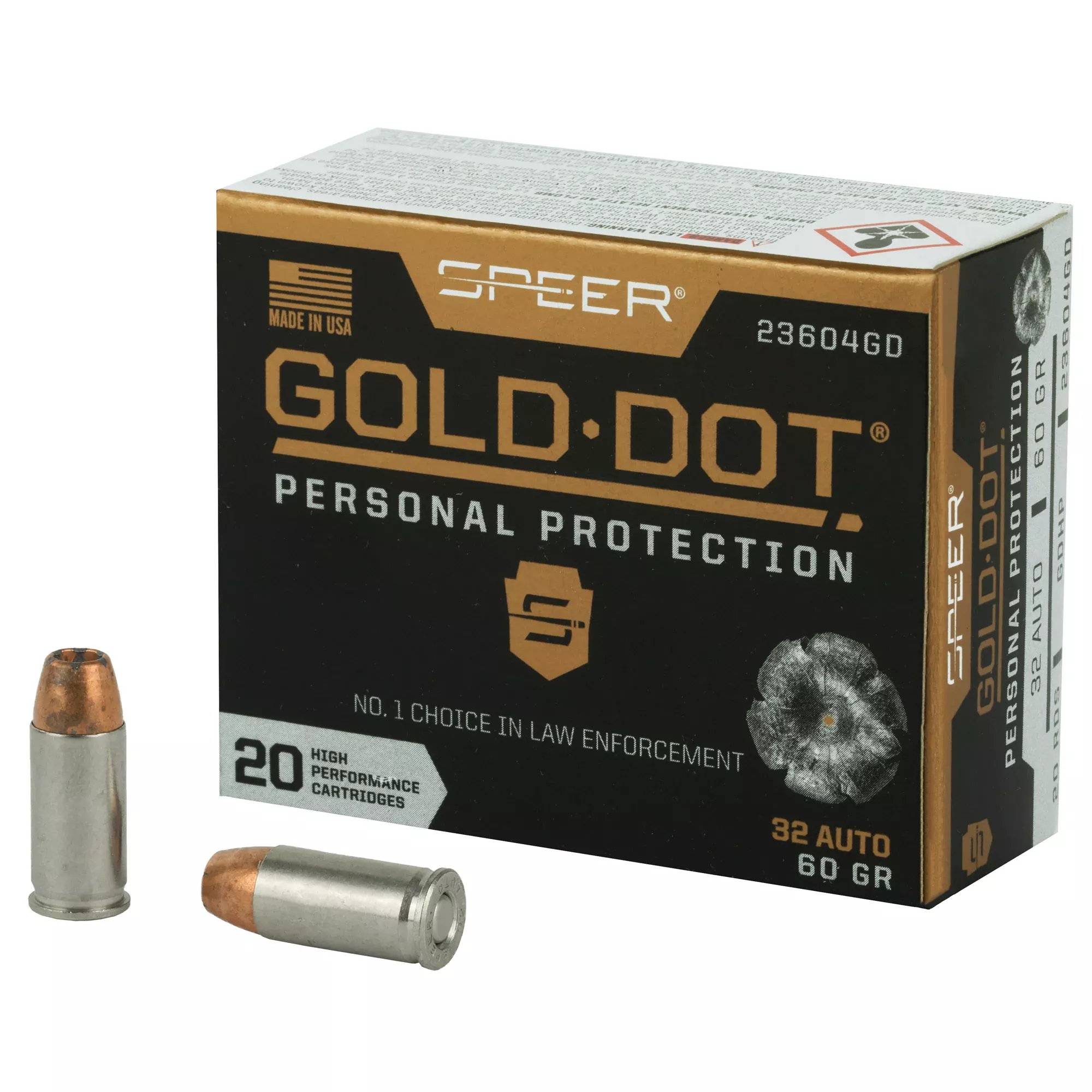 Speer Ammunition Gold Dot Personal Protection .32 ACP 60gr Hollow Point Ammo 20rd 23604GD