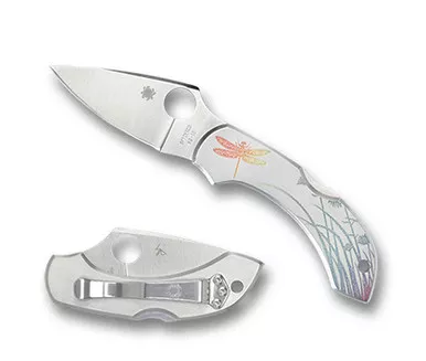 Spyderco Stainless DragonflyTattoo Folding Knife - 2.32" VG10 Plain Blade, Steel Handles with Dragonfly Etch, Lockback - C28PT