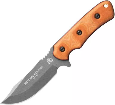 TOPS Knives Shadow Hunter Fixed Blade - 4.5" 1095HC Tungsten Cerakote Blade, Tan Canvas Micarta Handles, Coyote Tan Kydex Sheath