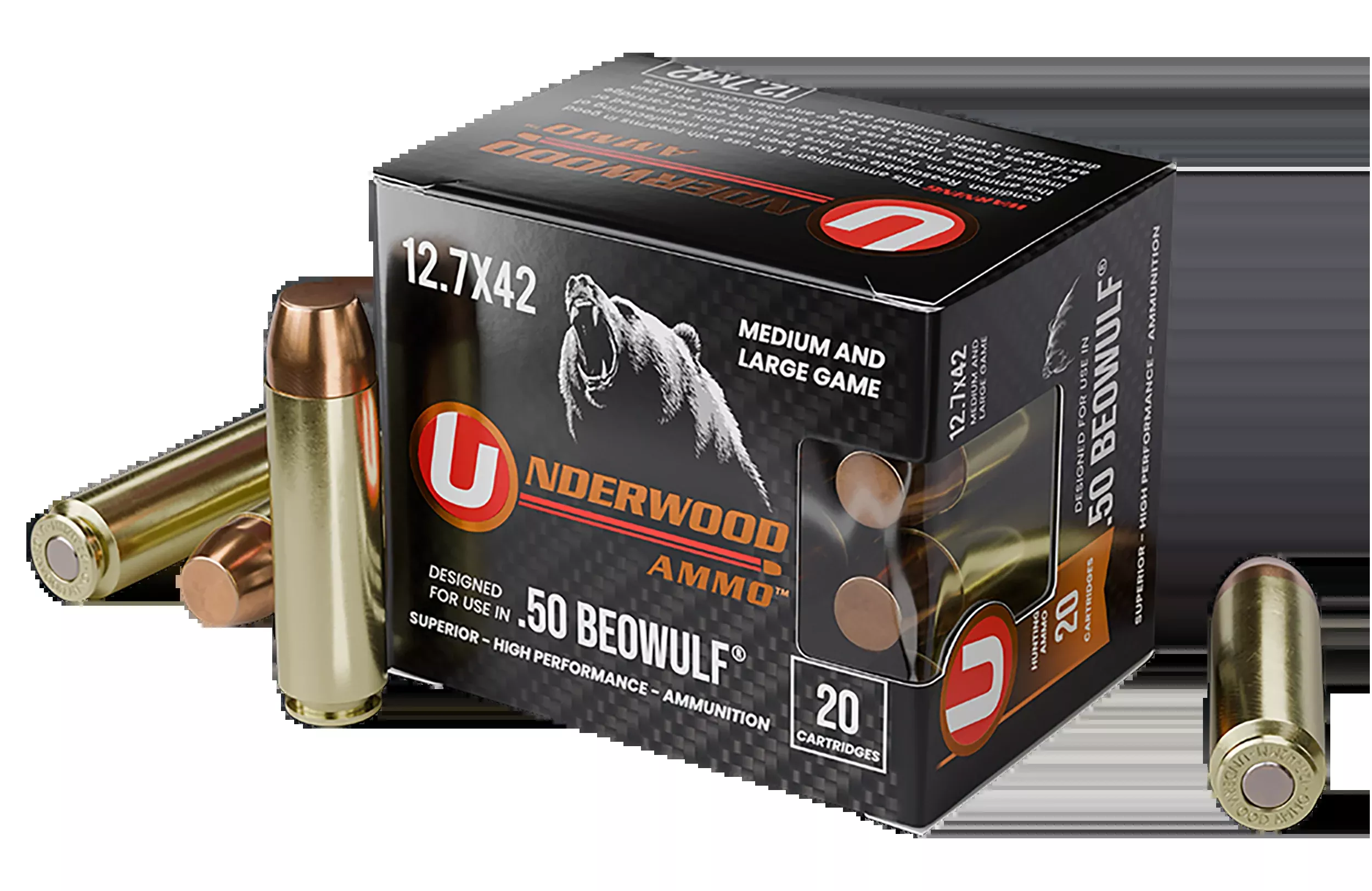 UNDERWOOD AMMO .50 Beowulf 350gr FMJ Flat Nose Rifle Ammo, 20-Round Box (10/Case) 557