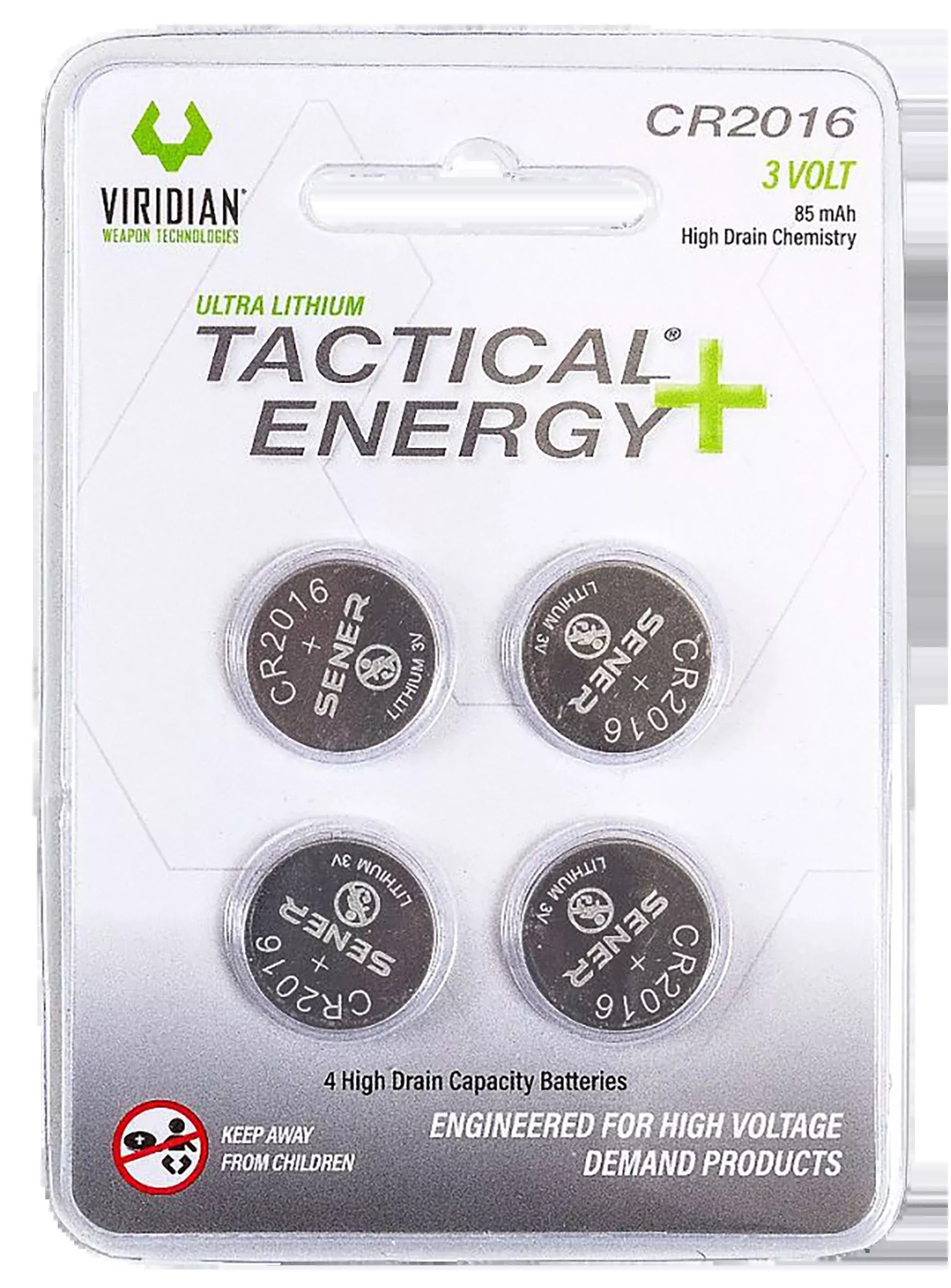 Viridian CR2016 Lithium Battery 4-Pack, Tactical Energy+, 3 Volts 85 mAh – 3500013