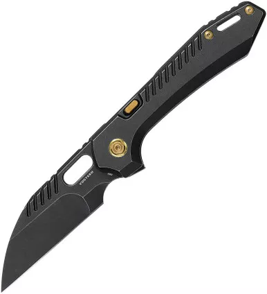 Vosteed Cutlery RSKAOS Mayhem Folding Knife - 3.46" M390 Black PVD Wharncliffe Blade, Black Titanium Handles, Gold Accents